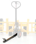 Heavy Duty Steel Tow Bar Kit For All Terrain Pallet Jack Foldable Pin Hitch, view showing attachment to pallet jack.