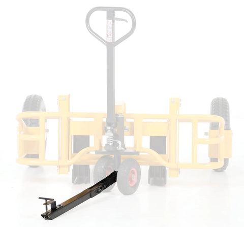 Heavy Duty Steel Tow Bar Kit For All Terrain Pallet Jack Foldable Pin Hitch, view showing attachment to pallet jack.
