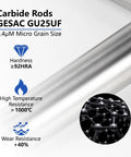 Close-up of Carbide Rods GESAC GU25UF, 0.4µM micro grain size, highlighting hardness, temperature, and wear resistance features.