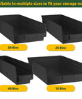 Four black polypropylene bins labeled 20, 25, 40, and 15 for storage; compatible with Badass Heavy Duty Chrome Wire Rack.