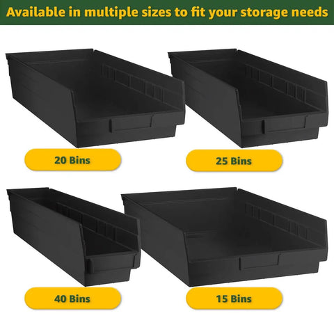 Four black polypropylene bins labeled 20, 25, 40, and 15 for storage; compatible with Badass Heavy Duty Chrome Wire Rack.