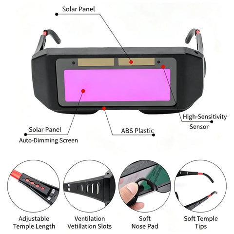 Kick Ass Auto Darkening Welding Goggles With Impact Resistant Polycarbonate Lens And Sure Fit Elastic Strap For Hardcore Fabricators Demanding Heavy Duty Eye Safety Gear features adjustable temple length and automatic dimming screen.