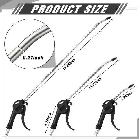 Heavy Duty 6 Piece Air Blow Gun Kit With Pistol Grip Handles Multi Size Assortment shows nozzle lengths and dimensions for garage use.
