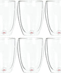 Set Of Six Double Wall Insulated Glass Tumblers Twelve Ounce Capacity Heat Resistant Borosilicate Construction clear cups displayed.