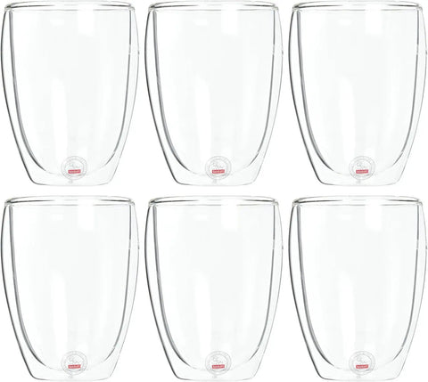 Set Of Six Double Wall Insulated Glass Tumblers Twelve Ounce Capacity Heat Resistant Borosilicate Construction clear cups displayed.
