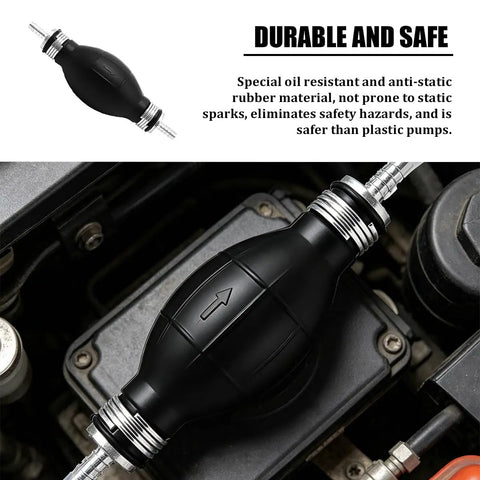 Slick Heavy Duty Rubber Fuel Transfer Pump Bulb on engine, black rubber with silver fittings for safe gasoline and diesel use.