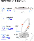 Specifications of Six Inch Canless Recessed LED Light With Junction Box Slim Low Profile 4000K Cool White 12W Equals 110W Dimmable