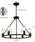 Industrial Black Wagon Wheel Chandelier With Six Candle Style Lights Dope Farmhouse Vibe Ceiling Fixture, adjustable height.