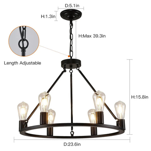 Industrial Black Wagon Wheel Chandelier With Six Candle Style Lights Dope Farmhouse Vibe Ceiling Fixture, adjustable height.