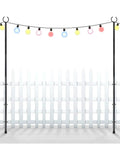 Outdoor String Light Poles 2 Pack 9 Ft Adjustable Pole and Bracket Kit in garden setting with string lights and white fence