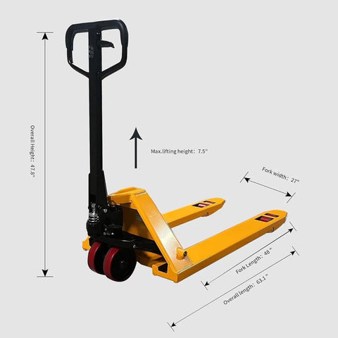 Beefy Heavy Duty Manual Pallet Jack With 7700 Lb Capacity And 48 Inch Long By 27 Inch Wide Forks Ergonomic Handle visible