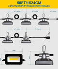 Heavy Duty 50 Ft LED Work Light Set With Five Heads Boss Level Brightness 50W 5000 Lumen Damp Rated Jobsite Lighting diagram