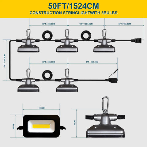 Heavy Duty 50 Ft LED Work Light Set With Five Heads Boss Level Brightness 50W 5000 Lumen Damp Rated Jobsite Lighting diagram