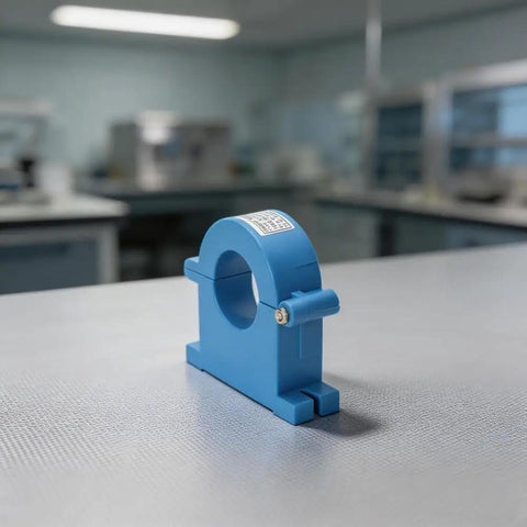 Heavy Duty Split Core Current Transformer 100A To 1000A Delivers 5A AC Output, blue clamp on laboratory table.