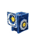 Premium Stepper Motor Servo Worm Gear Reducer Assembly With A Beefy Compact FS50 Drive Box showing blue housing and dual gears.