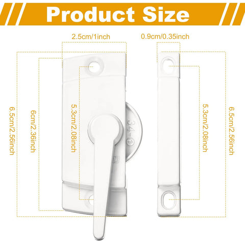 Product size diagram of 14 Pack White Window Sash Locks Replacement with Screws for Sliding Windows hardware dimensions shown.