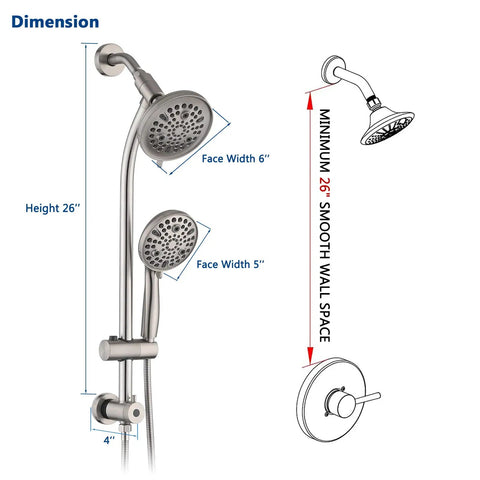 Dimensions of Rainfall Shower Head With Handheld Spray No Drill 26 Inch Adjustable Height Slider Bar High Pressure Dual Shower Head Set