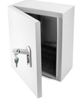 Beefy Heavy Duty Outdoor Electrical Box With Lock And Keys Rugged Fiberglass Reinforced Polyester And Steel Construction 12x10x6 Inch Weatherproof Junction Box For Industrial Mall And Residential Use, shown open with lock and key visible.