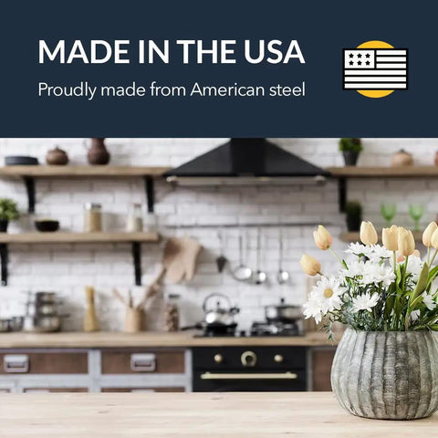 Heavy Duty Universal Shelf Brackets For Floating Vanities And Buffets Rock Solid Steel L Brackets With Sleek Matte Black Look No Fuss Installation For Kitchen Counters And Desk Organization Quick Mount 12 Inch Span displayed in modern kitchen setting.