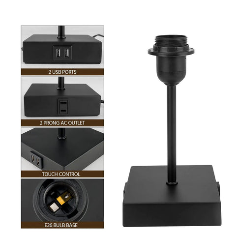 Pair Of Touch Lamps With USB Port And Outlet, 3 Way Dimmable Bedside Lamps base with USB ports, outlet, and touch control.