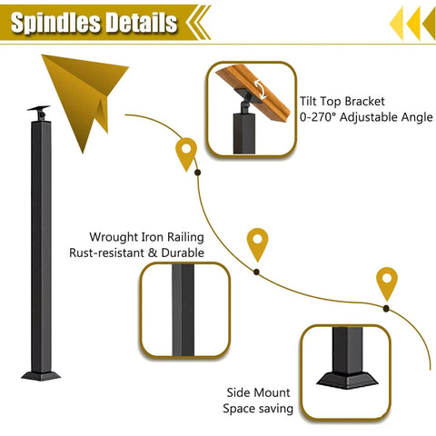 Tough As Nails Heavy Duty Wrought Iron Railing Spindles For Indoor Stairs And Decks black square posts with tilt top bracket.