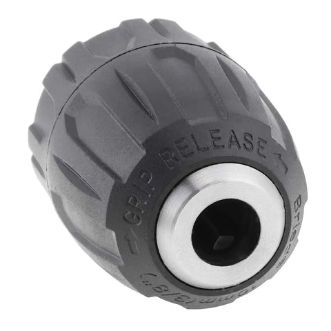 Keyless Drill Chuck Adapter Three Eighths Inch 24 UNF Quick Change Converter visible with GRIP RELEASE text.