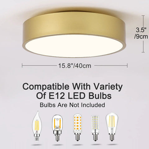Ultra Sleek Gold Flush Mount Ceiling Light With White Acrylic Shade Contemporary 3 Light Round Fixture For Hallway Foyer Entryway Bedroom Kitchen Totally Modern Minimalist Style 15.8 Inch displaying dimensions and bulb compatibility