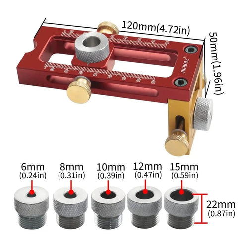 Pro Level 2 In 1 Cross Dowel Drill Guide Kit With Adjustable Pocket Hole Locator showing precise measurements and alignment features.