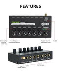 Top view of Six Channel Mini Audio Mixer For Live Gigs And Home Studios With Ultra Low Noise And Independent Microphone Control One Quarter Inch TRS Input And Output Great For Guitars Bass Sub Mixing And Stage Use