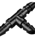 Barbed Drip Irrigation Tee Fittings Kit for Quarter Inch Tubing, 100 Pieces, showing a durable T connector in black plastic