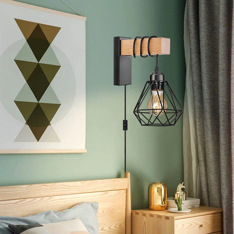Plug In Farmhouse Wall Sconces Set Of Two For Bedroom Or Living Room, Rustic Wall Mount Lights with long 60-inch cord