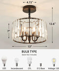 Three Light Industrial Crystal Ceiling Fixture, 13 Inch Round Semi Flush Mount With E12 Base, Black Finish, LED options shown