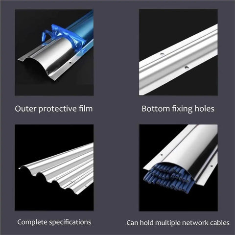 Close-up of Long Stainless Steel Cord Cover Kit For Office Desks showing protective film, bottom fixing holes, and wire capacity.