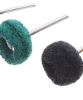 Solid 60 Pc Abrasive Buffing Wheel Set For Rust Removal And Polishing Metal With Precision Grinding Mops And Drill Bits That Make Tough Jobs Easy, close-up of green and black polishing mops.