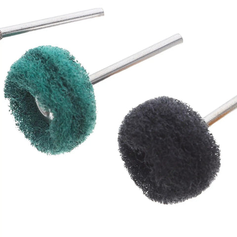Solid 60 Pc Abrasive Buffing Wheel Set For Rust Removal And Polishing Metal With Precision Grinding Mops And Drill Bits That Make Tough Jobs Easy, close-up of green and black polishing mops.
