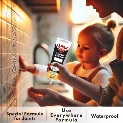 Person using Grout Repair Kit With 14 Oz White Grout Filler For Wall And Floor Tile Joints Ready To Use Pre Mix Includes Spatula And Sponge Quick Drying Mortar Fill Restore Cracked And Stained Grout on kitchen wall tile.