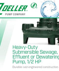Waste Mate 267 Sewage Pump Half Horsepower Submersible Heavy Duty For Sewage Effluent Or Dewatering Ideal For Home And Small Business Use Passes Two Inch Solids With Plastic Impeller And Float Switch shown in green with branding
