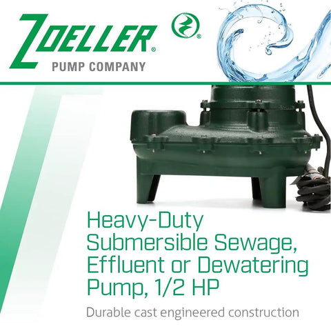 Waste Mate 267 Sewage Pump Half Horsepower Submersible Heavy Duty For Sewage Effluent Or Dewatering Ideal For Home And Small Business Use Passes Two Inch Solids With Plastic Impeller And Float Switch shown in green with branding