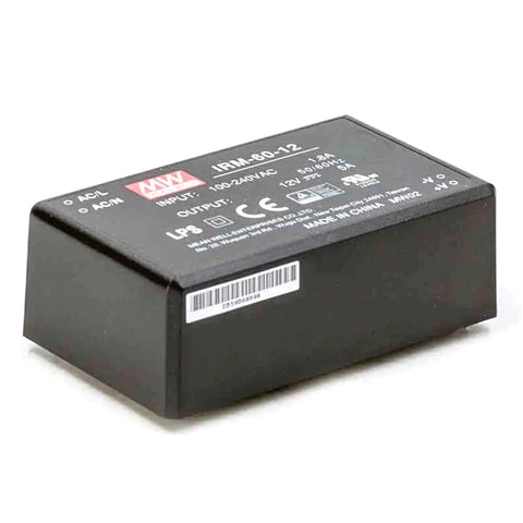 Ultra Compact 60W 12V 5A AC to DC Power Supply Module for PCB or Chassis Mounting, Global 85-305VAC Input, 12V Regulated Output, Space Saving Mini Converter With Optional Screw Terminals for Easy Integration. Black rectangular metal AC-DC module, 100-240V input