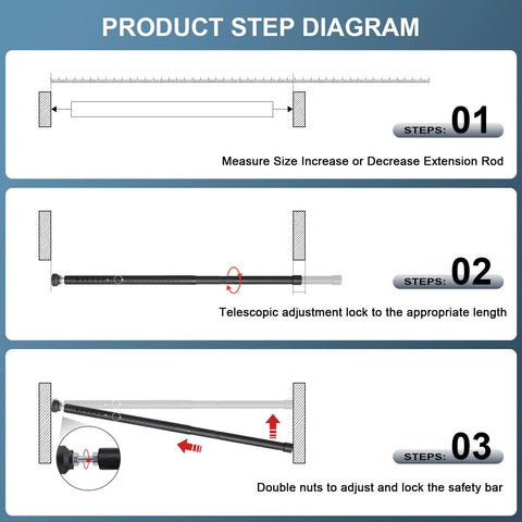 Diagram showing steps to install Adjustable Patio Door Security Bar For Sliding Glass Doors 17.5 To 50 Inch Heavy Duty Indoor Window Lock Bar