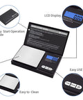 200g 0.01g Digital Pocket Scale With LCD Display, open showing tare function and weighing platform, operation guide visible