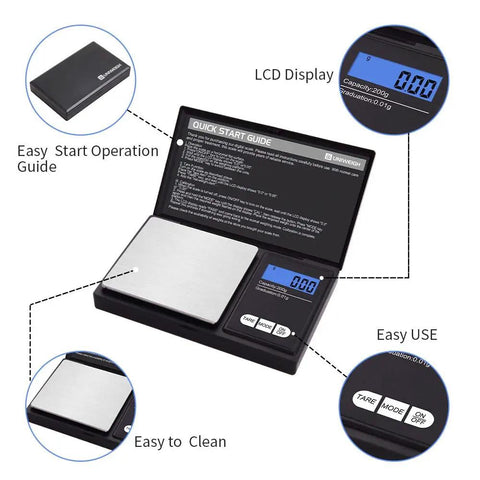 200g 0.01g Digital Pocket Scale With LCD Display, open showing tare function and weighing platform, operation guide visible