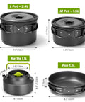 Go To Ultimate 29 Piece Camping Cookware Mess Kit with nonstick lightweight pots, kettle, and pan in various sizes.