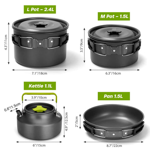 Go To Ultimate 29 Piece Camping Cookware Mess Kit with nonstick lightweight pots, kettle, and pan in various sizes.