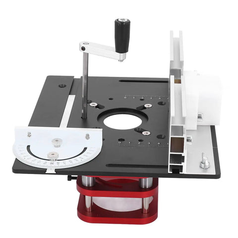 Universal Router Table Insert Plate With 51 Mm Stroke Lift Kit And Crank Handle Fits 64 To 66 Mm Motors, features a black aluminum surface.