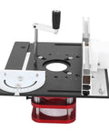 Rock Solid Router Table Base With Manual Lifting Rod And Smooth Height Adjustment Insert Plate, top view, showcasing precision control and solid construction.