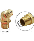 Brass M8x1.0 Grease Fittings Kit with 45 degree angle, showing detailed threading and dimensions, high temp resistant