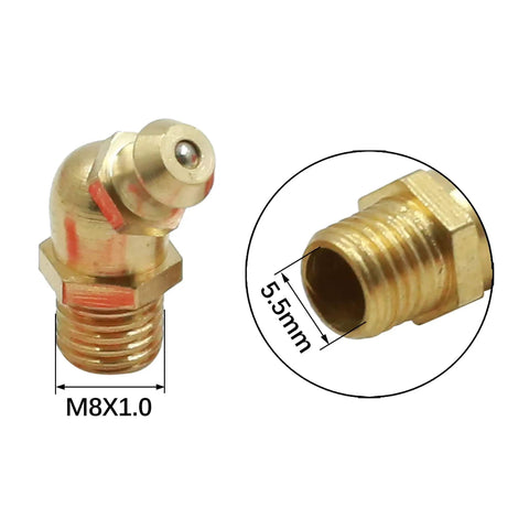 Brass M8x1.0 Grease Fittings Kit with 45 degree angle, showing detailed threading and dimensions, high temp resistant
