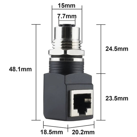 M12 To RJ45 X Code 8 Pin Shielded IP68 Industrial Ethernet Adapter dimensions front view