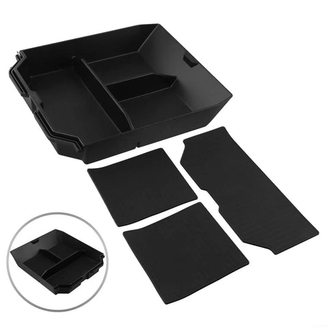 Straight Up Rugged Black Abs Center Console Storage Tray For Tesla Cybertruck 2024 with divided compartments and inserts.